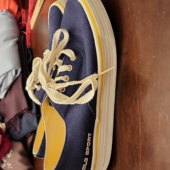 Navy Ralph Lauren Polo Sport sneakers w/yellow stripes, trim & insoles. sz 10 - Picture 5 of 6